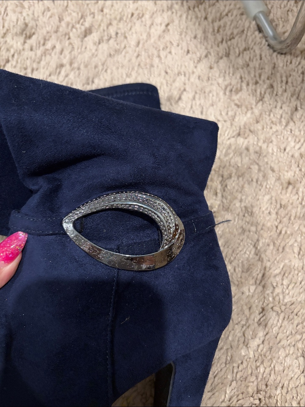 Women’s Navy Suede High Heel Knee Boots with Decorative Buckle - Picture 6 of 6
